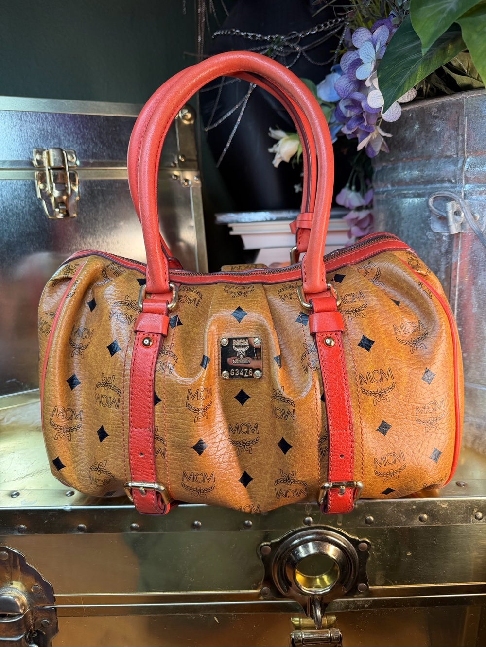 MCM Visetos Cognac Boston Hobo Bowling Bag with Coral Trim and Lock and keys